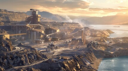 A sprawling mining facility unfolds along the coastline, with machinery and conveyors under the glow of sunset