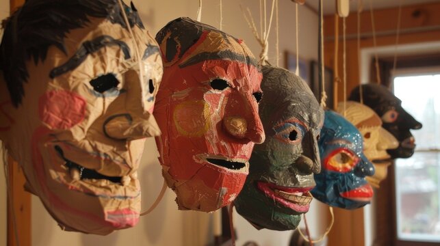 In the familys living room there are six paper mache masks drying on a clothesline. Each one has a different expression representing the personalities of the family members