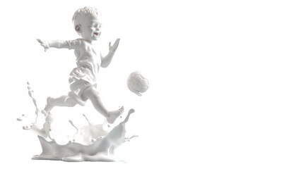Splash of milk in form of boy's body with playing Soccer with the ball on a white milk, isolate on a transparent background.