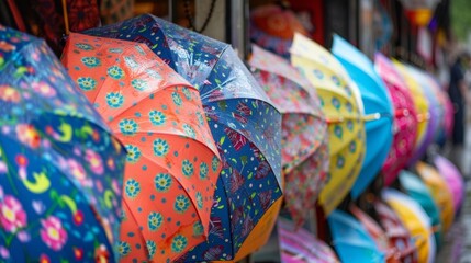 Fototapeta na wymiar A row of umbrellas each one a unique pattern or design propped up against a shop wall giving a glimpse into the varied tastes and personalities of the people who own them.