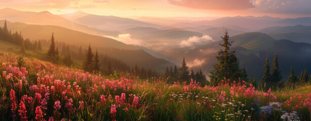 Beautiful panoramic view of a colorful green meadow with flowers and a forest in mountains at sunrise in the Carpathian mountain range - obrazy, fototapety, plakaty
