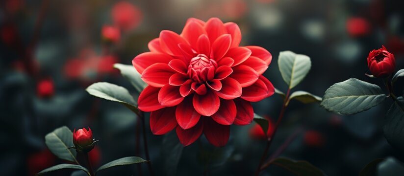 A closeup image of a vibrant red flower with lush green leaves set against a dark background, showcasing the beauty of this flowering plant in the rose family