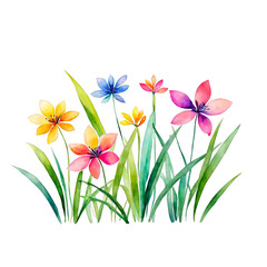 Colorful glowing flowers, meadow, fantasy world flowers, watercolor illustration, clipart, for decoration purposes, presentation, scrapbook, journal, cutout on white background