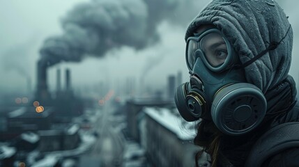 A close - up of a person wearing an anti - pollution mask in an industrial setting with factories emitting smoke and pollutants  - obrazy, fototapety, plakaty