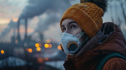 A close - up of a person wearing an anti - pollution mask in an industrial setting with factories emitting smoke and pollutants 