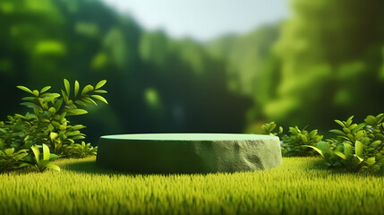 Podium displaying product advertisement on blurred background of green jungle
