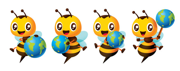Cartoon cute honey bee holding globe different pose character illustration vector set