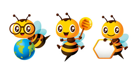 Cute honey bee cartoon mascot set with holding blank signboard, honey dripper and globe illustration 