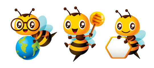 Cute honey bee cartoon mascot set with holding blank signboard, honey dripper and globe illustration 