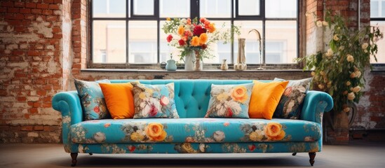 A close up of a couch featuring a charming flowered design, adding elegance to the living space - obrazy, fototapety, plakaty