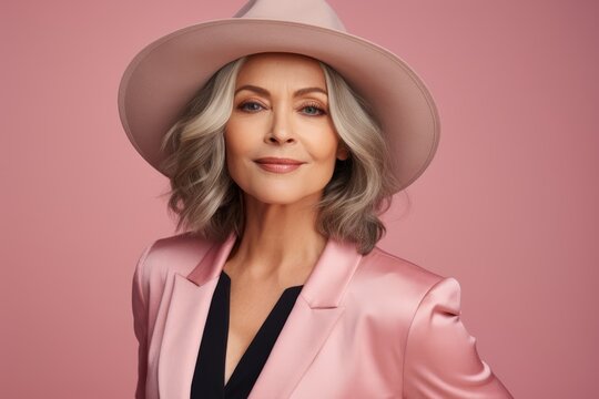 beautiful senior woman in pink suit and hat, isolated on pink