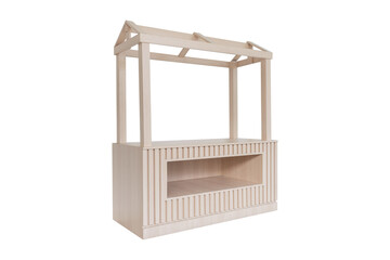 Wooden market stand isolated on white background, with clipping path