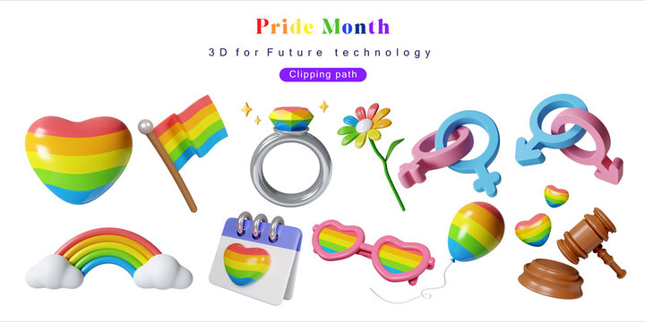 Pride day 3D icon set. rainbow, sunglasses, ring, balloon, heart shaped hand 3d rendering illustration