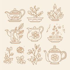 Tea mono line elements for menu package design. 
