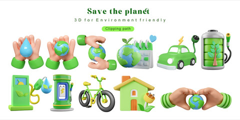 Eco Global Warming icon set Illustration Eco global warming icons for Environment protection, save the planet, for poster, web, social media post.3D Illustration