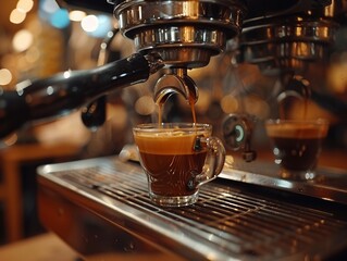 Espresso machine in action, shots pulling, barista concentration, moody lighting ultra HD - obrazy, fototapety, plakaty
