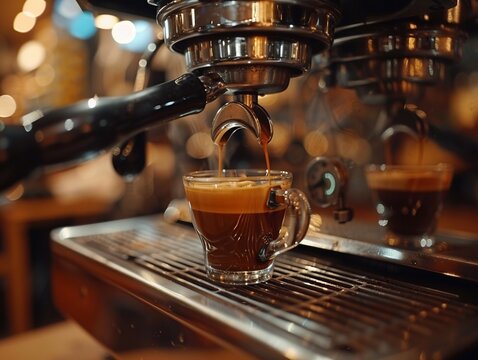 Espresso machine in action, shots pulling, barista concentration, moody lighting ultra HD