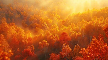 Radiant Autumn Forest at Sunrise The sun's first rays bathe an autumn forest in a radiant glow, amplifying the fiery reds and oranges of the foliage.