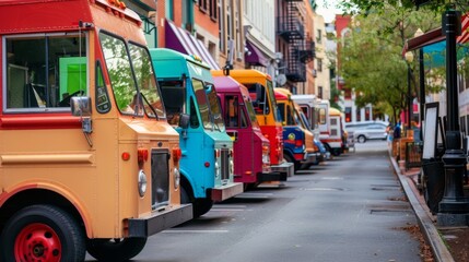 A row of colorful food trucks parked along a busy downtown street each one emitting a unique and tantalizing smell. - obrazy, fototapety, plakaty