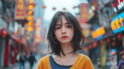 A casual young woman exploring the vibrant streets of Wuhan. He has a chiseled oblong face