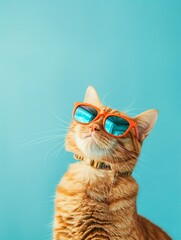 photo of an orange cat wearing sunglasses on a solid pastel blue background