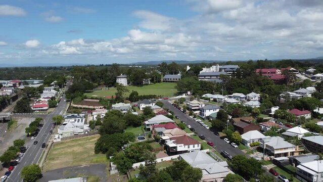 Aerial view of a residential area and a green park in Ipswich, Australia
