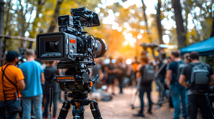 A high-end film camera set up on a tripod captures a scene on a movie set, surrounded by crew and autumn foliage - obrazy, fototapety, plakaty