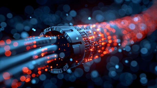 A futuristic depiction of a fiber optic cable with streams of red data particles flowing through it, representing high-speed data transmission