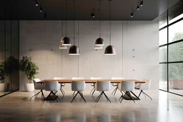 A sleek meeting room with a combination of white and light gray walls, polished concrete floors, and modern pendant lighting for a minimalist and elegant ambiance.