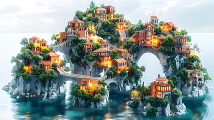 A whimsical island village perched atop rugged cliffs, featuring quaint houses glowing warmly at dusk over tranquil waters - obrazy, fototapety, plakaty