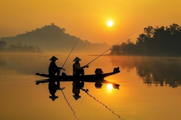 A peaceful scene of Asian fishermen on a tranquil pond, their bamboo fishing rods silhouetted...