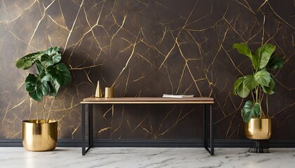 Modern color marble wall, home office, home desk, dark brown and gold color wall design