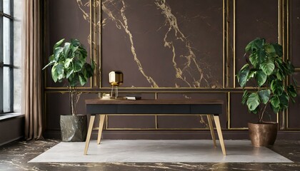 Modern color marble wall, home office, home desk, dark brown and gold color wall design