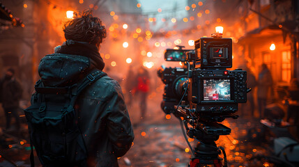 Behind-the-scenes view of a film crew member operating a camera amidst a bustling street with festive lighting and atmospheric smoke - obrazy, fototapety, plakaty