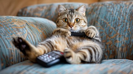 a Scottish Fold cat laying on its back holding remote control in paws