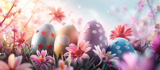 Fototapeta na wymiar Joyful Easter. Festive Easter backdrop with decorated eggs and blooming flowers.