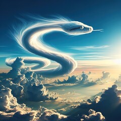 Lightly colored cloud sculpted into the shape of a snake anaconda in the clear blue sky - obrazy, fototapety, plakaty