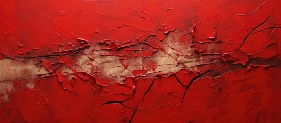 An artistic painting depicts a weathered red wall with a unique crackled paint effect, adding character and texture to the surface