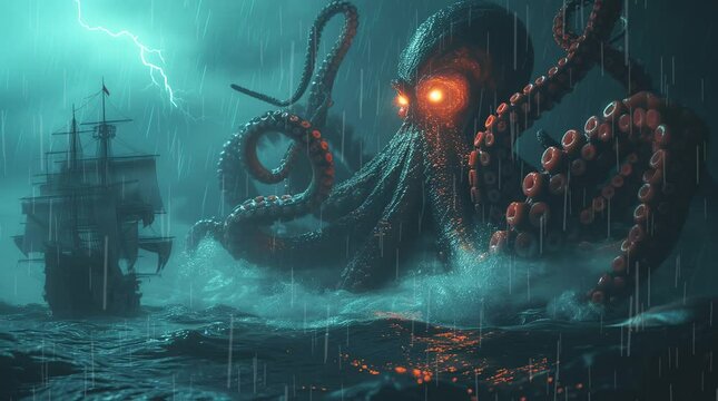 Nighttime Nautical Encounter: Amidst the rain and darkness, a fearsome octopus confronts a pirate ship on the vast expan Seamless looping 4k time-lapse virtual video animation background. Generated AI