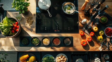 Modern kitchen with an induction stove, fresh vegetables, and assorted spices, ready for a healthy cooking session.