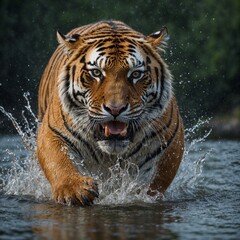 Siberian tiger, Panthera tigris altaica, low angle photo in direct view, running in the water directly at camera with water splashing around. Attacking predator in action. Tiger in taiga environment,