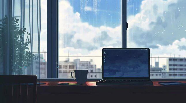 Coffee Break Workspace: Combine productivity with relaxation by placing your laptop beside a window, allowing you to enj Seamless looping 4k time-lapse virtual video animation background. Generated AI