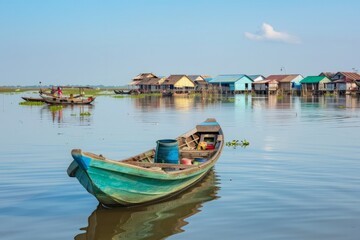 A tranquil lake setting with Asian fishermen in wooden rowboats, their silhouettes reflected in the...