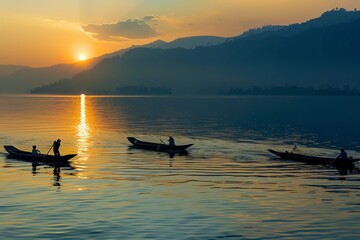  A tranquil scene of Cambodian fishermen in small wooden boats on the Tonle Sap Lake, with floating villages in the background, Generative AI