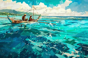 An illustration of Indonesian fishermen on a traditional outrigger boat, navigating through turquoise waters dotted with coral reefs, Generative AI