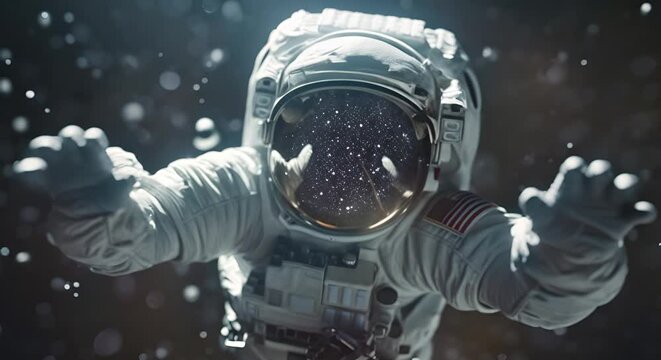 Astronaut's helmet and space gloves floating in zero gravity