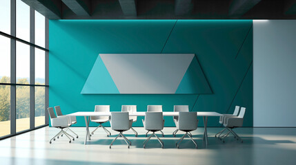 A sleek meeting room in striking teal hues, featuring an empty white frame against a backdrop of modern, angular design elements.