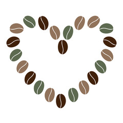 Abstract heart shape of multicolored coffee beans in trendy brown and green Copy space Frame boarder