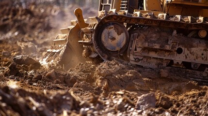 A bulldozer carefully scoops up dirt and debris working to fill in the hole and level out the ground for future development. - obrazy, fototapety, plakaty