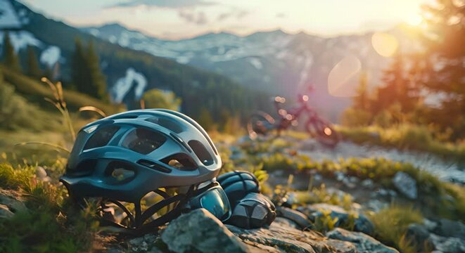 A cycling helmet, gloves, and glasses placed on a scenic mountain trail